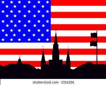 St Louis Cathedral Jackson Square and American Flag stars and stripes illustration