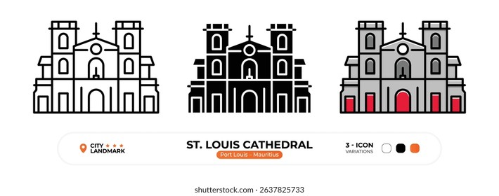 St. Louis Cathedral Line Icon, Port Louis, Mauritius Landmark Silhouette, Color Vector, Editable Stroke.
