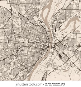 St. Louis Stadtplan erkunden Sie die architektonische Eleganz der Seattle in dieser anspruchsvollen Sepia-Farbton-Vektorgrafik, wo sorgfältige Linienarbeit die Essenz des städtischen Gitters in einem untertrieben erfasst.