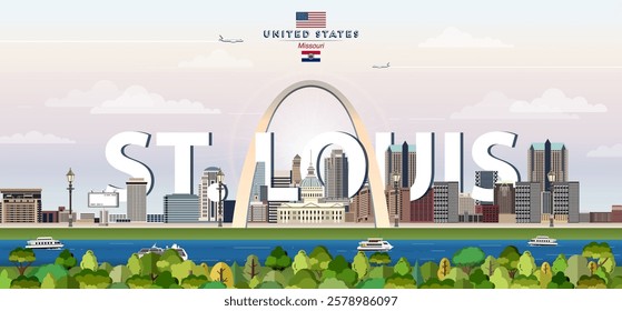 St. Louis city skyline colorful vector illustration. Travel poster