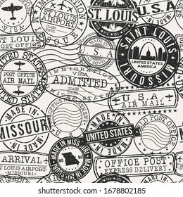 St. Louis, MO, USA Stamps Background. A City Stamp Vector Art. Set of Postal Passport Travel. Design Set Pattern.