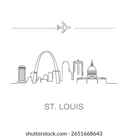 St Louis Skyline with Travel, Vector Outline, and Airplane.