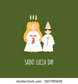 St Lucia Day. Kids wearing traditional costumes. Boy and girl with candles, star, wreath. Vector