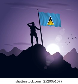 ST. Lucia Flag hoisted on a mountain peak with a purplish sunset in the background, vector illustration