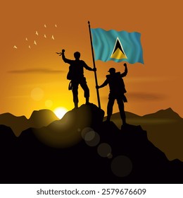 ST. Lucia flag, silhouette of two climbers holding flags at sunset