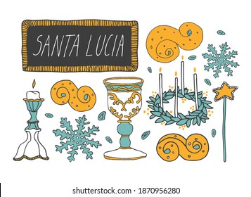 St Lucy Day celebration concept. Nordic Christmas tradition vector illustration. Saffron buns, candle crown, snowflake and hand drawn lettering in decorative frame. Perfect for cards and posters