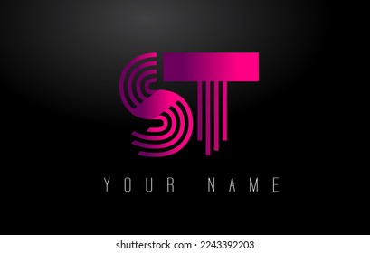 ST Magenta Lines Letter Logo. Creative Line Letters Design Vector Template.