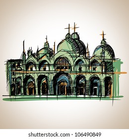 St. Mark Basilica (Basilica San Marco) ; Church Venice :sketchbook illustration vector.