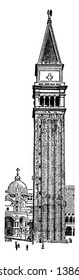 St. Mark's Campanile is the bell tower of Basilica in Venice, most recognizable symbols of the city, stands alone in a corner, vintage line drawing or engraving illustration.