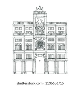 
St Mark's Clock tower  Venice  Vector line hand drawn sketch white background  Coloring the facade the Early Renaissance 