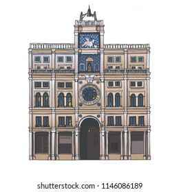 St Mark's Clock Tower, Venice. Vector Sketch On A White Background. Facade Of The Early Renaissance.