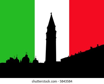 St Marks Square with Campanile Venice with Italian flag