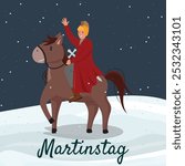 St. Martins Day illustration with a man on horseback in winter, holding a sword, snowy background