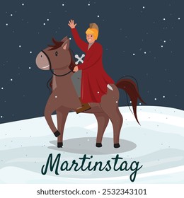 Ilustración del día de San Martín con un hombre a caballo en invierno, sosteniendo una espada, fondo nevado