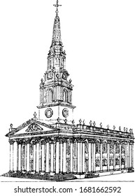 St. Martins-in-the-fields, an English Anglican church, vintage engraving.