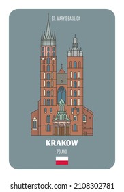 St. Mary's Basilica in Krakow, Poland. Architectural symbols of European cities. Colorful vector 