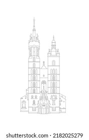 St. Mary's Basilica vector illustration. Outline linear Krakow Poland. Krakow cityscape with landmark. Magnet city cutting template. Krakow vector file for laser cutting. Krakow vector illustration. 