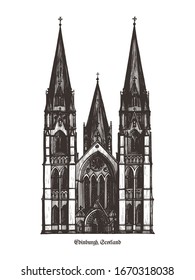 St Mary's Cathedral - famous landmark of Edinburgh, Scotland. Hand drawn outline vector illustration