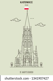 St. Mary's Church in Katowice, Poland. Landmark icon in linear style