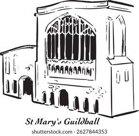 St Mary's Guildhall, Coventry, England black and white ink sketch. Majestic medieval guildhall with Gothic architecture. Tourism, travel, and heritage theme.