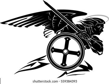 St. Michael Archangel Charging Pose with Round Shield