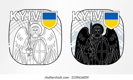 St. Michael the Archangel the Patron Saint of city of Kyiv, concept minimalist graphic art, symbol, two black and white edition, Ukraine flag colors - yellow and blue