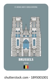 St. Michael and St. Gudula Cathedral in Brussels, Belgium. Architectural symbols of European cities. Colorful vector 
