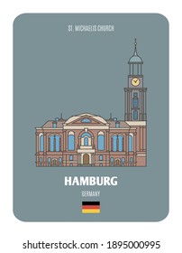 St. Michaelis Church in Hamburg, Germany. Architectural symbols of European cities. Colorful vector 