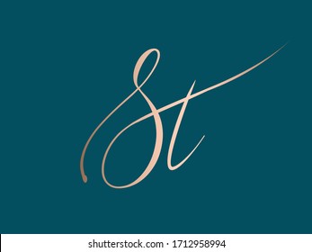 ST monogram logo.Typographic icon with calligraphic script letter s and letter t. Lettering icon. Alphabet initials isolated on green background.Signature style elegant sign rose gold characters.