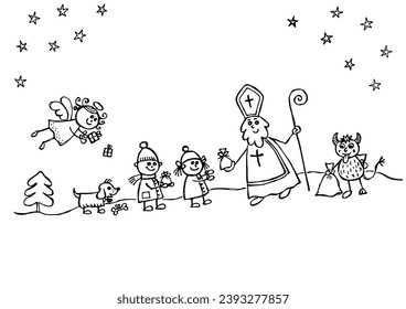 St. Nicholas, angel and devil giving gifts to children on the evening of St. Nicholas' Day, hand drawn illustration