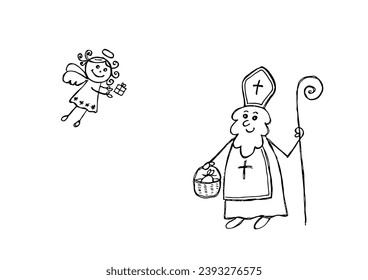 St. Nicholas and the angel, hand-drawn illustration