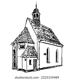 The St. Nicholas chapel in Coburg, Germany. St.Nikolaus Kapelle. Hand drawn linear doodle rough sketch. Black silhouette on white background.