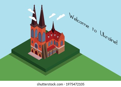 St. Nicholas Church. Isometric illustration. Colorful postcard. Red and gray church with two big towers, clouds. Welcome to Ukraine