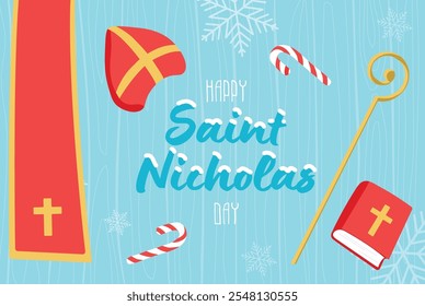 St. Nicholas Day celebration banner. Festive horizontal design with St. Nicholas' attributes, hat, Bible, scepter – on a snowy blue background with decorative snowflakes