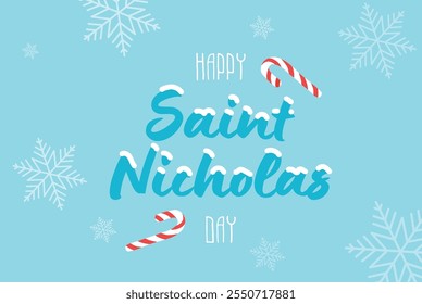 St. Nicholas Day celebration banner. Festive horizontal design with lollipops on a snowy blue background with decorative snowflakes