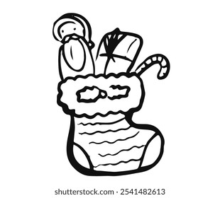 St. Nicholas Day celebration. Nikolaus filled shoe with gifts. Hand drawn simple illustration of Christmas presents in boot. 