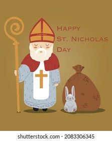 St. Nicholas Day. Cute vector winter greeting card with St. Nicholas, a small rabbit and a bag with gifts. 