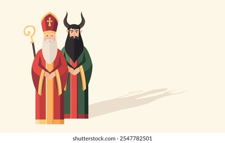 St. Nicholas day greeting card. Old Saint Nicholas with devil. Festive web banner. Winter background. Flat design, vector illustration. European Czech, German or Dutch tradition holiday