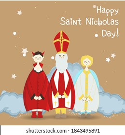 St. Nicholas Day greeting poster. Winter holiday postcard.