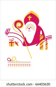 St. Nicholas Day. Nick smiles, keeps his staff, around gifts and candles