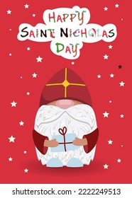 St. Nicholas Day Quote with a cute gnome in a red cap.Sinterklaas Eve.