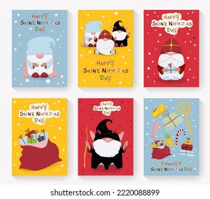 St. Nicholas Day set of postcards. Winter children's holiday. An old priest who brings gifts to children. Krampus and the angel helpers of St. Nicholas. Sinterklaas Eve.