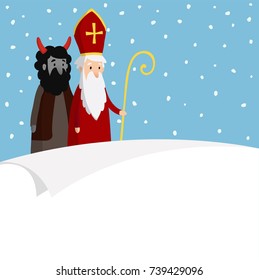 St. Nicholas with devil, falling snow and blank paper. Cute Christmas invitation, card, wish list. Flat design, vector illustration, winter background.