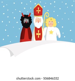 St. Nicholas with devil,angel and blank paper. Cute Christmas invitation, card, wish list. Flat design, vector illustration, winter background.