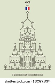 St Nicholas Russian Orthodox Cathedral in Nice, France. Landmark icon in linear style