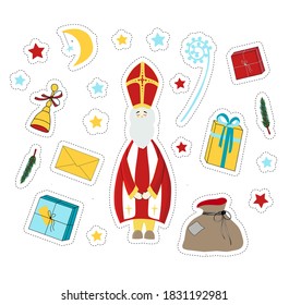 St Nicholas. Saint Nicholas Day stickers. Elements for the holiday. Gift, surprise, fir branches.