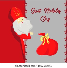 St. Nicolas day. Greeting card for the sinterclass. Holiday gifts in a red bag.