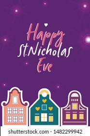 St Nicolas Eve Greeting card with traditional Amsterdam houses, night sky and lettering text. 