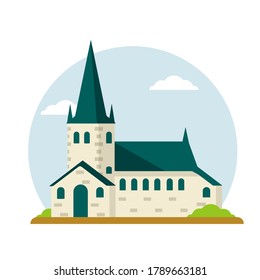 St. Olaf Church. Old historical European city. Christian temple. Estonian Tourist Attraction In Tallinn. White tower. Element of medieval town with house and red roof