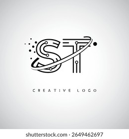 Logotipo de Monograma ST Orbit - marca de letra mínima futurista com linha circular de arte, pontos inspirados na tecnologia e conceito de movimento espacial para identidade de marca moderna